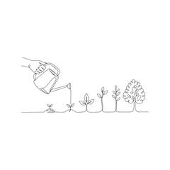 Continuous one line drawing of a hand holding a watering can pouring water on plants in different stages of growth, from sprout to tree. Minimalist vector illustration symbolizing nurturing and develo