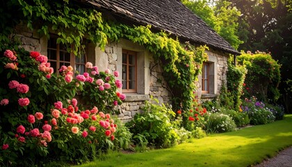 Stone cottage facade adorned with vibrant flowers and lush greenery
