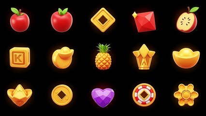 Shiny assorted game assets showcasing golden icons and colorful fruit symbols isolated on black