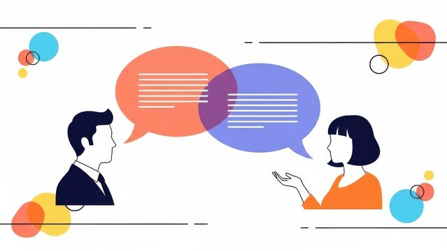 Two people talking with colorful speech bubbles and geometric shapes around them