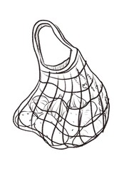 Fresh vegetables in an eco-friendly mesh shopping bag, hand drawn illustration of potatoes, carrots and onions, sustainable and reusable grocery concept