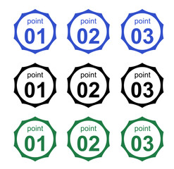 「point 01, 02, 03」の数字が入った９点の幾何学的なポイントバッジのベクターコレクション。青、黒、緑の３つの配色でデザインされ、円形のスカラップ（鋸歯状）のエッジが特徴で、手順インフォグラフィック、重要事項のハイライト、ランキング表示、チュートリアルガイド、モダンなグラフィックデザイン要素に最適。