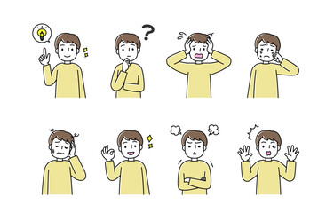 男性の色々なポーズと表情のセットイラスト