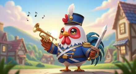Naklejka premium Charming cartoon rooster soldier stands proudly playing a brass instrument in a village setting