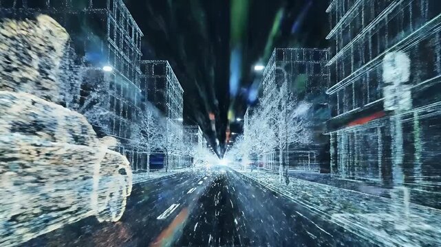 Futuristic Autonomous Vehicle Driving Through Dark Digital City Street Rendered as Point Cloud Wireframe Data Visualization for AI and Big Data Concept.