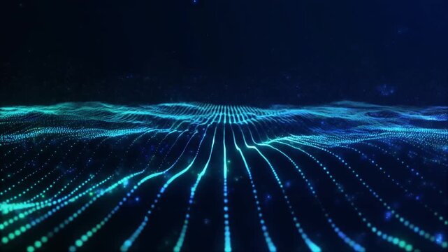 Glowing blue particles flowing in futuristic digital landscape.
