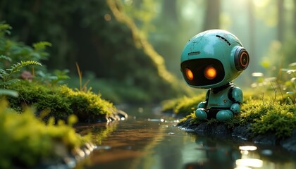 Small cute robot sits near forest stream. Green nature, mossy rocks, bright sunlight filter through trees. Little android with glowing orange eyes in lush woodland.