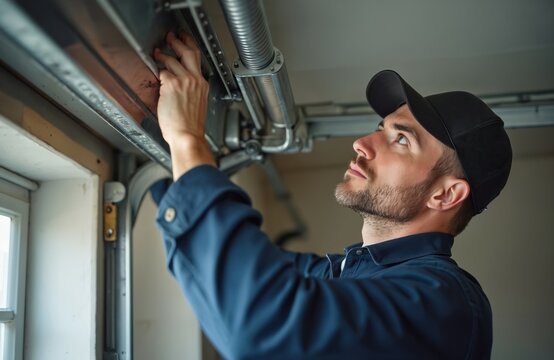 Man inspects garage door mechanism. Technician checks spring, cables, and tracks for repair. Male worker fixes automatic overhead door with tools.