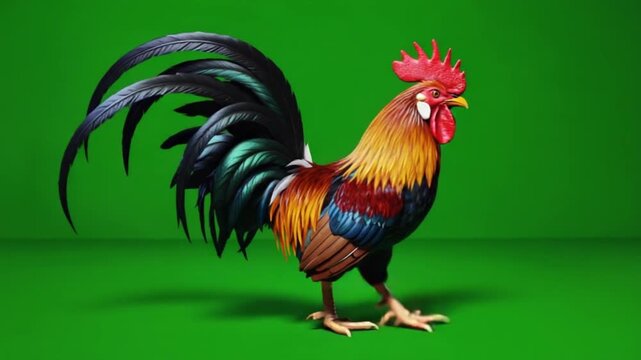 A colorful rooster standing on a green surface with a bright green background in the studio chicken green screen video
