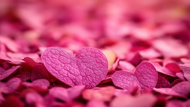 Two heart-shaped objects with texture are the focus, surrounded by blurred pink petals