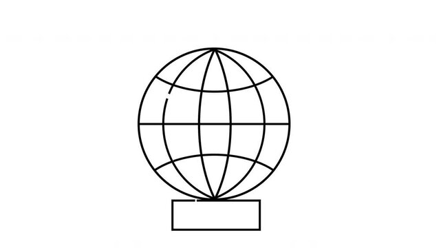 A blackandwhite line drawing of a globe with visible latitude and longitude lines resting on a rectangular base