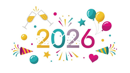 Colorful 2026 New Year Celebration with Confetti, Cheers, and Festive Balloons - Perfect for Events