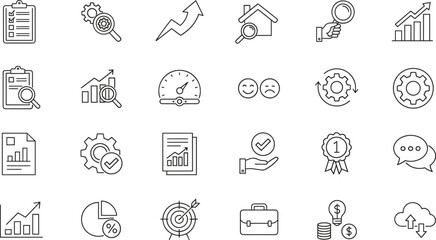 Fototapeta premium Comprehensive Vector Line Icon Set for Business, Finance, and Analytics, Featuring Checklists, Growth Charts, Target Goals, Cloud Upload, and Customer Satisfaction Feedback.