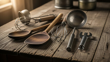 M Wooden Kitchen Utensils and Tools Displayed on a Rustic Table
