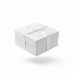 Fototapeta premium Floating White Gift Box with Silver Ribbon and Bow Isolated on Clean Background, Copy Space