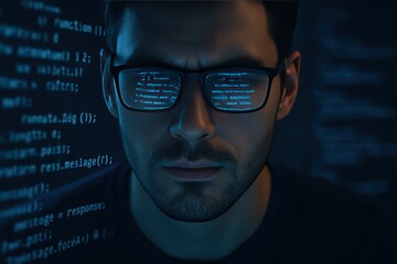 Code Visionary: A focused individual immersed in the world of code, wearing glasses with data reflection and peering intently at lines of digital text. Capturing the intensity of a coder.