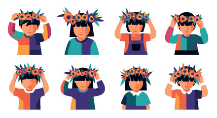 Fototapeta premium Children wearing flower crowns celebrating springtime