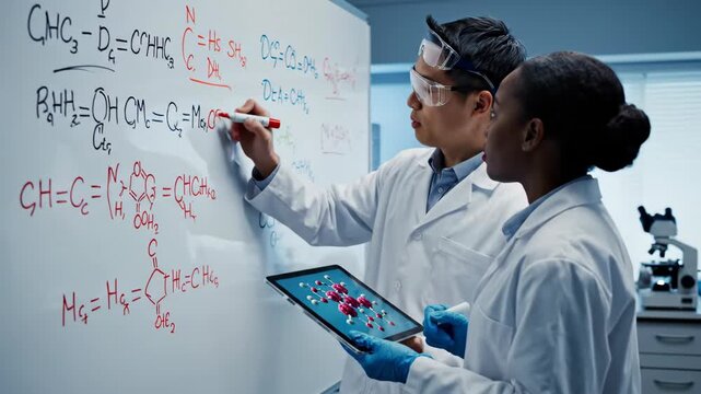 Two Scientists In Lab Coats Examine Molecular Structure On Tablet With Formulas On Whiteboard Behind Them