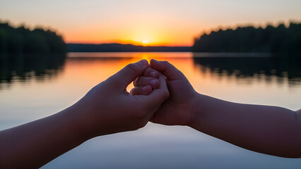 Couple Holding Hands at Sunset by the Lake
