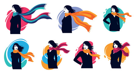 Woman silhouettes with flowing scarves in various colors