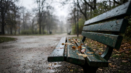 Banco de parque en oto&ntilde;o lluvioso