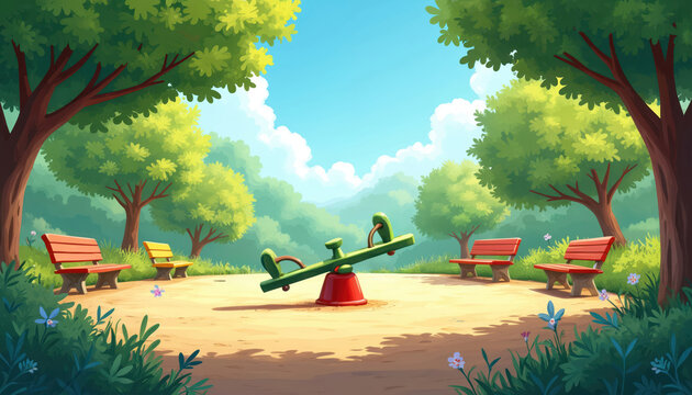 Childrens playground with seesaw, benches and green trees under blue sky. Park area offers recreation space. Outdoor scene with nature and sunny day.