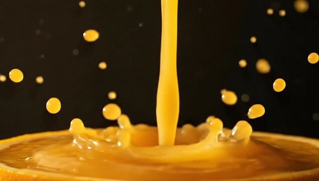 Orange juice splashing into orange slice creating crown splash macro shot.