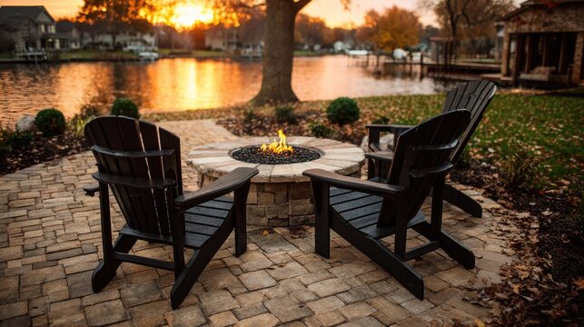 Chairs surround a fire pit by a lake at sunset in autumn.