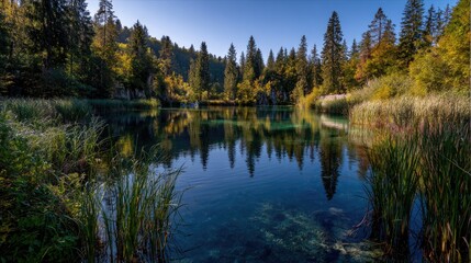Obraz premium Calm lake reflects evergreen forest under a clear blue sky.