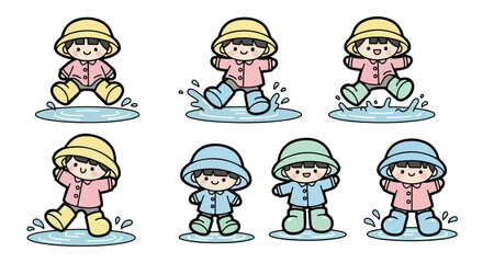 Fototapeta premium Child playing in puddles with rain boots and hats