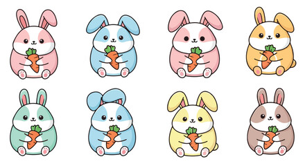Obraz premium Cute bunny characters holding carrots with transparent background