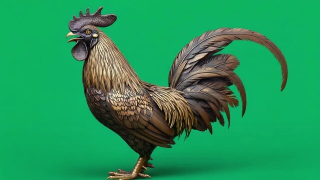 Detailed rooster with brown and gold feathers standing on a green background in a studio shot chicken green screen video