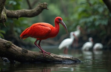 Obraz premium Scarlet ibis bird stands on wet log near water. Other white ibis birds stand in pond surrounded by green jungle foliage. Wild avian life in natural habitat.