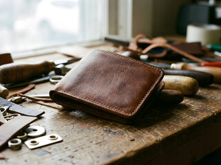 Cartera de cuero artesanal en taller