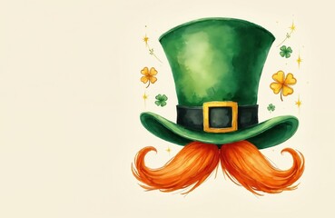 Green leprechaun hat with orange mustache celebrates St Patricks Day. Watercolor illustration has shamrocks, gold buckle, and festive sparkles for Irish holiday fun.