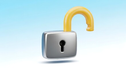 Shiny silver padlock with an open yellow shackle, symbolizing unlocked security or freedom, against a gradient blue sky.