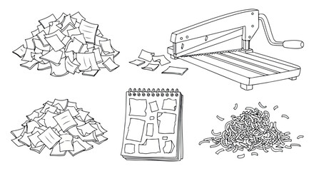 Shredder machine with paper scraps and notebook