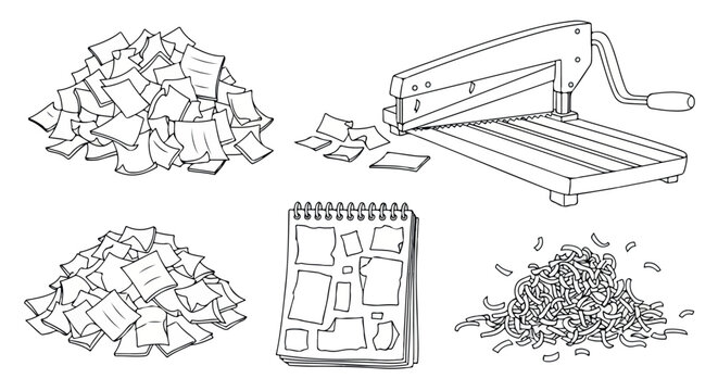 Shredder machine with paper scraps and notebook