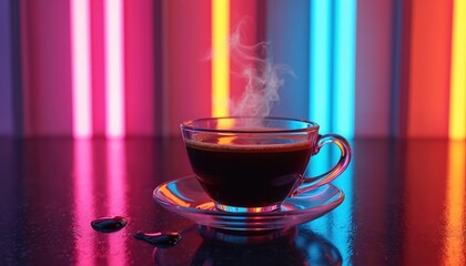 Hot coffee in glass cup steams on shiny surface near colorful neon lights. Warm beverage reflects vibrant glow, creates cosy mood. Enjoy aroma, taste, refreshment.