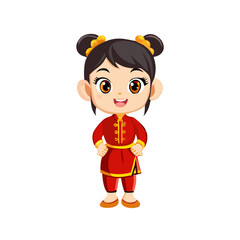 Cartoon asian girl in Chinese New Year festive costume. Full body portrait. Set of different standing poses and facial expressions.
