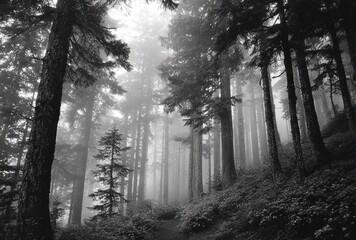 Black and white spruce forest path in fog scene deep natural outdoor landscape
