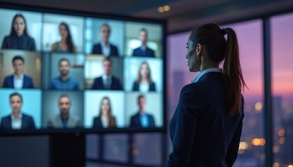 Fototapeta premium Woman leads virtual team meeting on large screen in modern office. Diverse colleagues connect online for business discussion. Remote work collaboration, global communication, corporate strategy