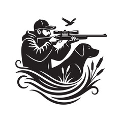 Duck Hunting Logo Vector Illustration Featuring Hunter Silhouette with Rifle and Retriever Dog Head Profile
