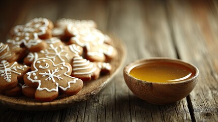 Fototapeta premium Festive gingerbread cookies and golden honey served on a rustic wooden surface.