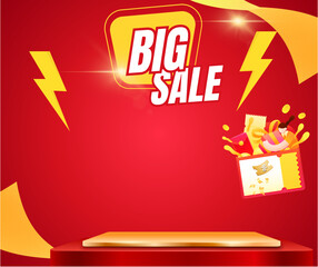 A 3D product display stand with a red and yellow background and promotional illustrations. An advertising banner for a big sale, inviting customers to shop now.
