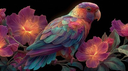 Neon parrot with neon flowers glowing with vibrant electric colors, tropical wildlife digital art, colorful glowing bird and floral design on dark backgrounds