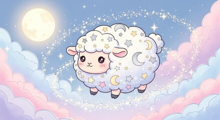Naklejka premium Adorable sheep decorated with celestial shapes floats among pastel clouds under a bright moon