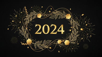 Golden 2024 new year celebration wreath with fireworks on black background