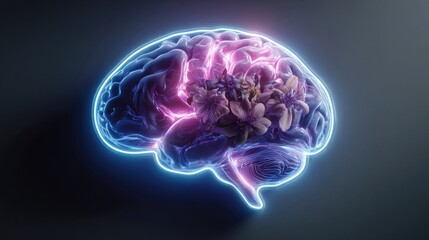 Neon psychology concept glowing with brain and thought icons, stylized mental health and cognitive process visual in bright neon