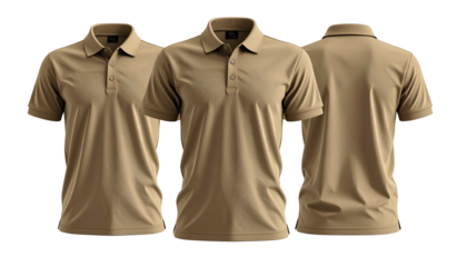 Three views of a tan polo shirt, front, angled, and rear, on a black background